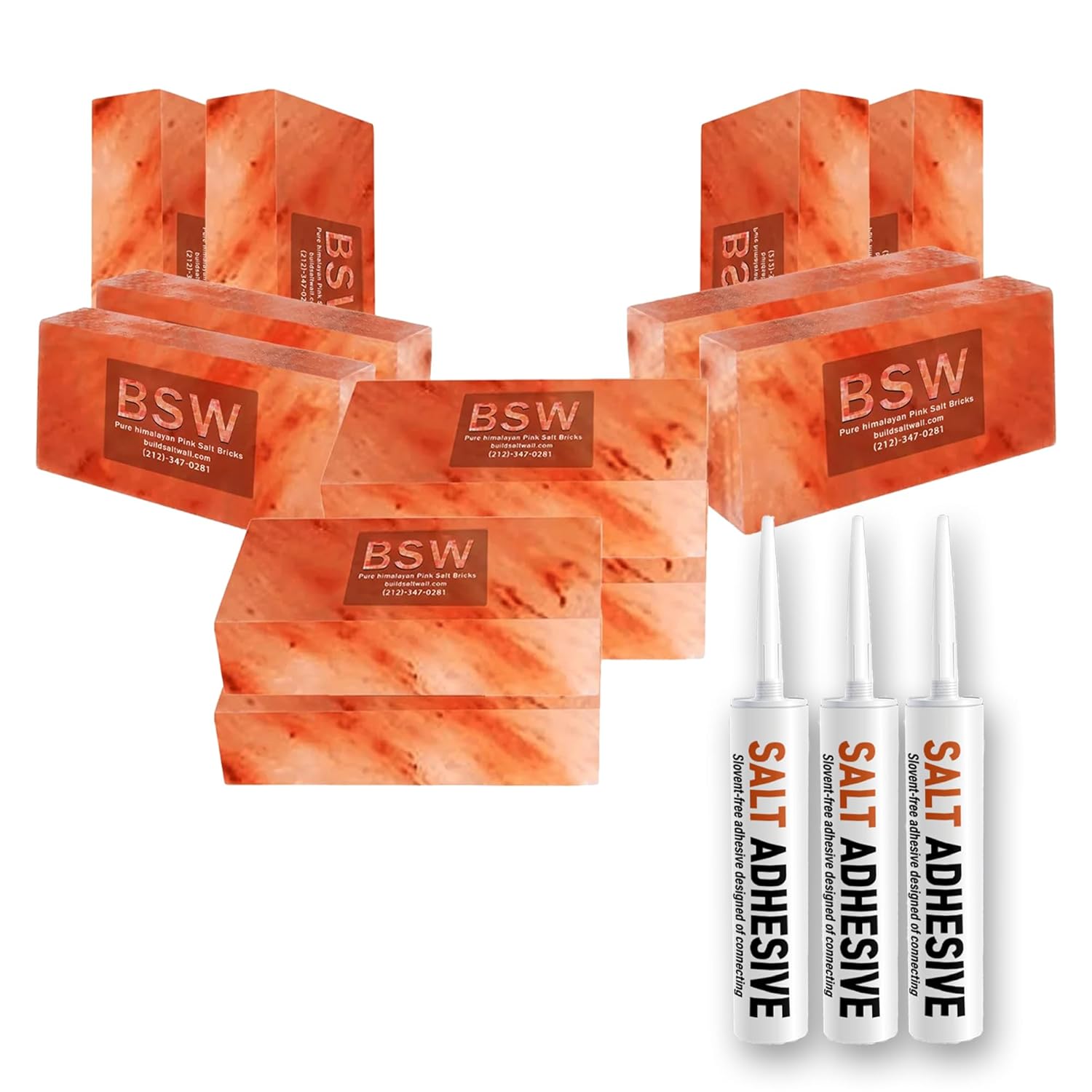 Himalayan Pink Salt Bricks 8x4x2 – Pack of 100 with 3 Adhesive Glues | Natural Salt Wall Blocks for Building Salt Rooms, Spa, Sauna, Therapy Centers & Home Improvement Décor