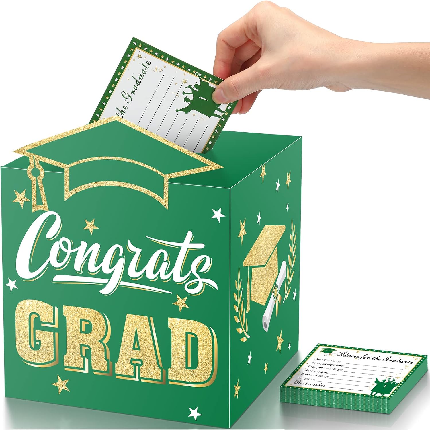 Outus 30 Pieces Congrats Grad Card with a Holder Box 2023 Graduation Party Advice Wishes Cards Foldable Cardboard Box Set for High School College Grad Party Games Activities Supplies (Green Gold)