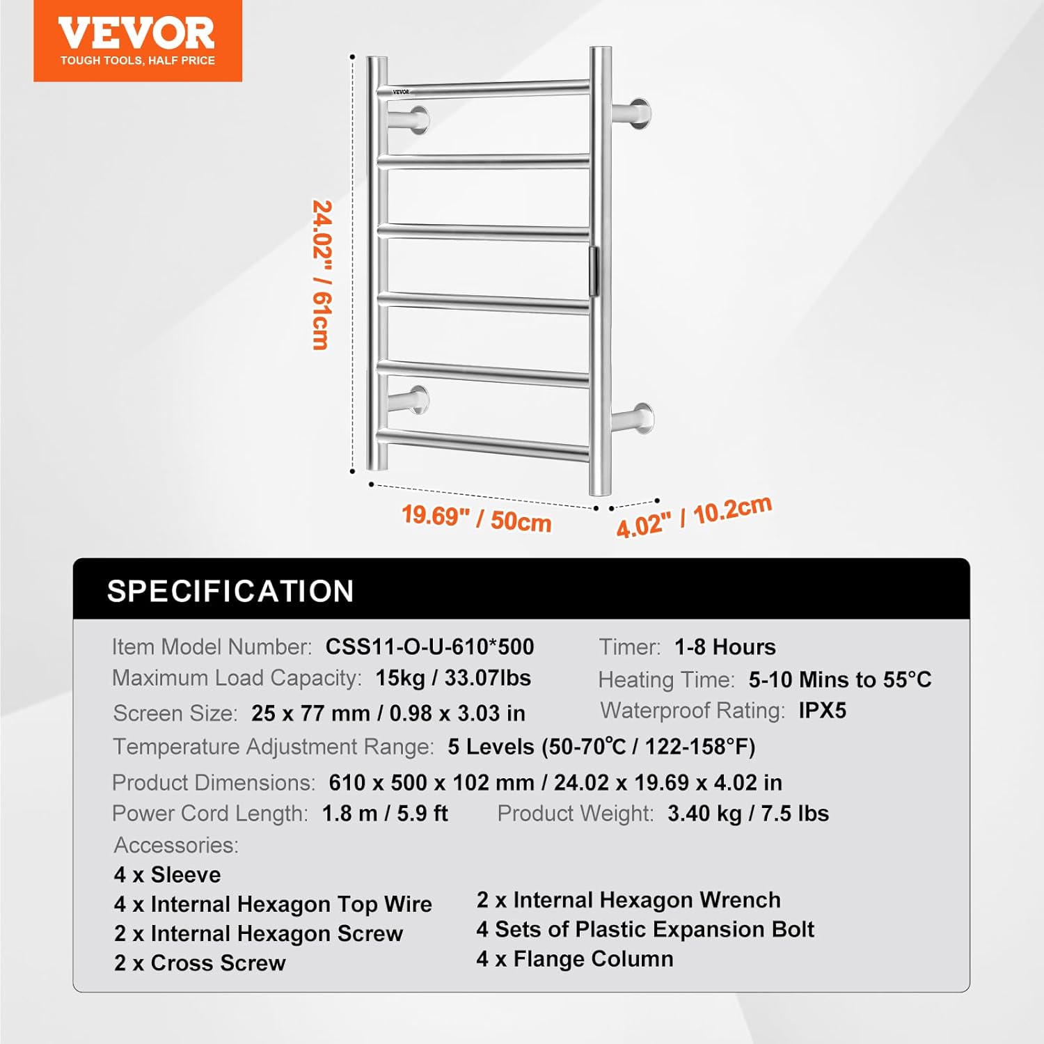 VEVOR 6 Bars Towel Warmer Rack, Wall Mounted Heated Towel Rack for Bathroom, IPX5 Waterpoof Towel Heater Rack with Timer & LED Display Screen, 5 Levels Adjustable Temperature Towel Heater, Silver