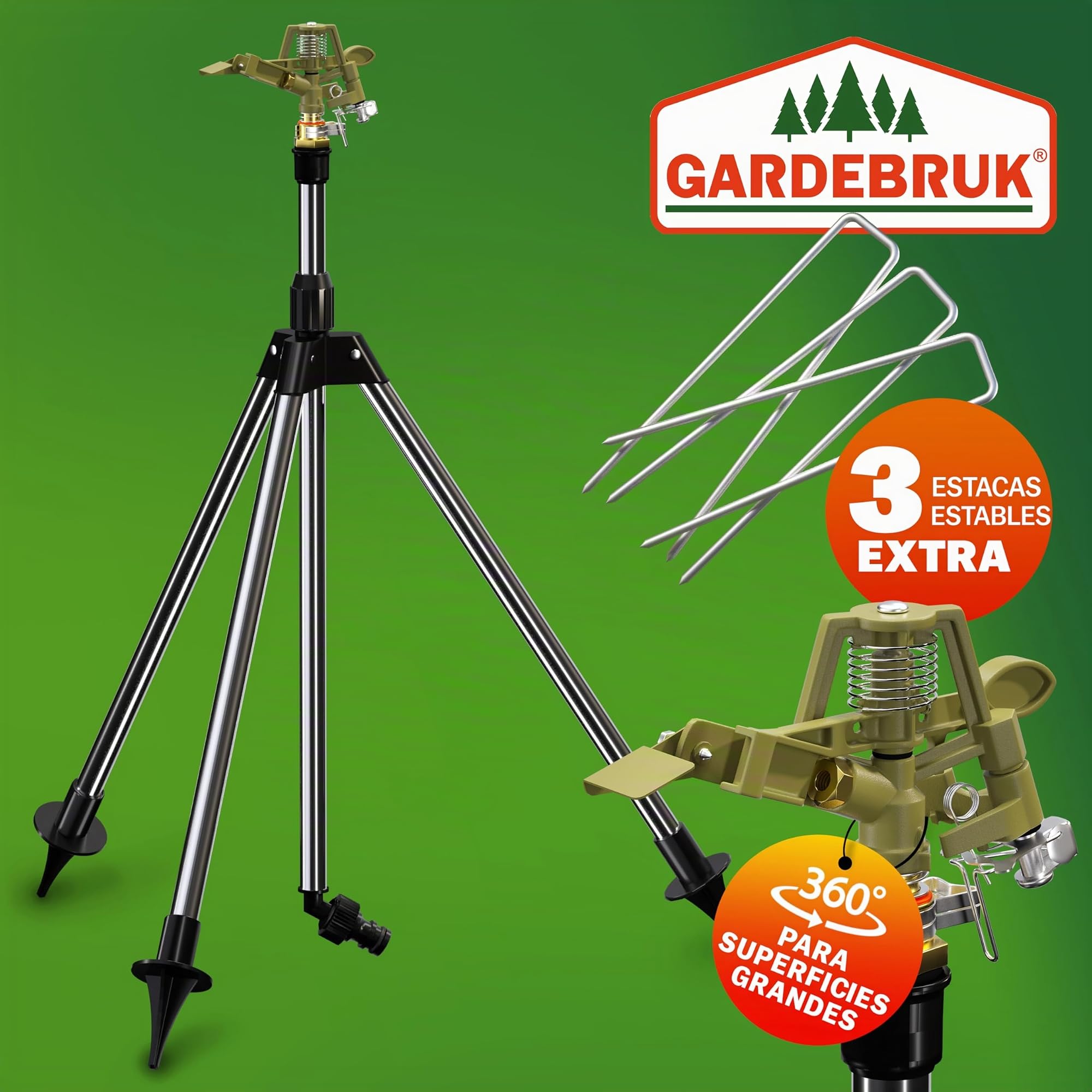 GARDEBRUK® Aspersor de Césped Trípode Telescópico 360° Alcance hasta 24m Altura Ajustable con Conectores de Manguera Sistema Riego Jardín Huerto