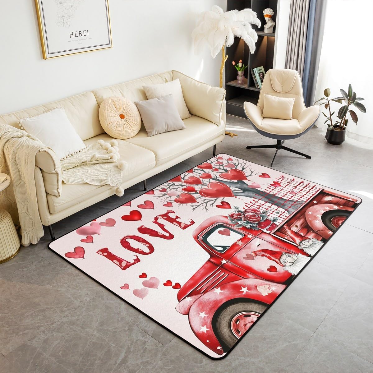 Valentine's Day Kids Area Rug,Love Heart Romantic Retro Indoor Floor Mat Entrance Rug,Geometric Checkered Grids Patchwork Non Slip Rug,Red Chairs Couch Living Room Decor,3'x5'