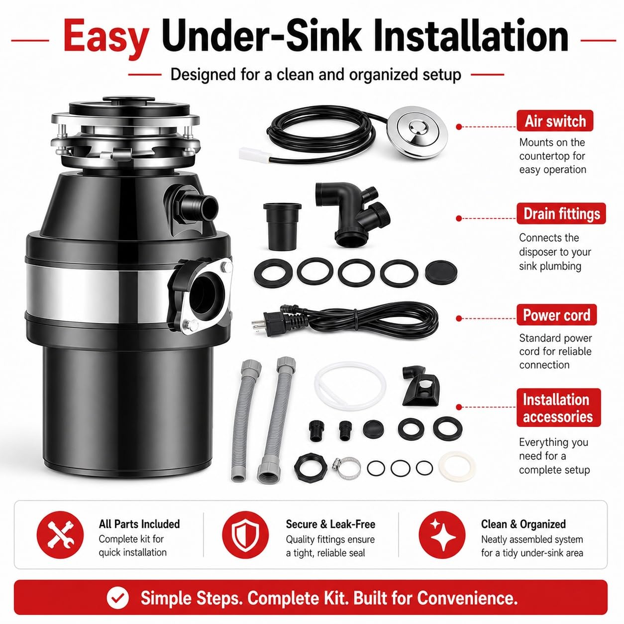 Triturador de Residuos de Alimentos de 1,2 L con Interruptor de Aire, Unidad de Eliminación de Basura for Fregadero de Cocina con Protección Contra Sobrecarga(Black)