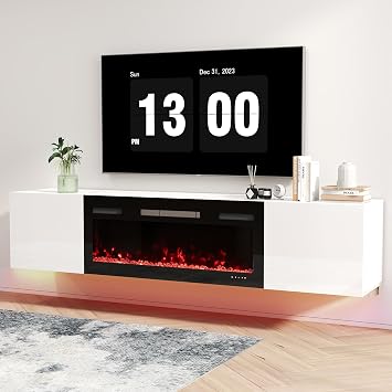 Real Relax 70" Floating TV Stand with 36" Electric Fireplace, White/Black | Wall Mounted Entertainment Center with Storage, Remote Control & Modern LED Lights Fireplace TV Console Fits TVs Up to 80"