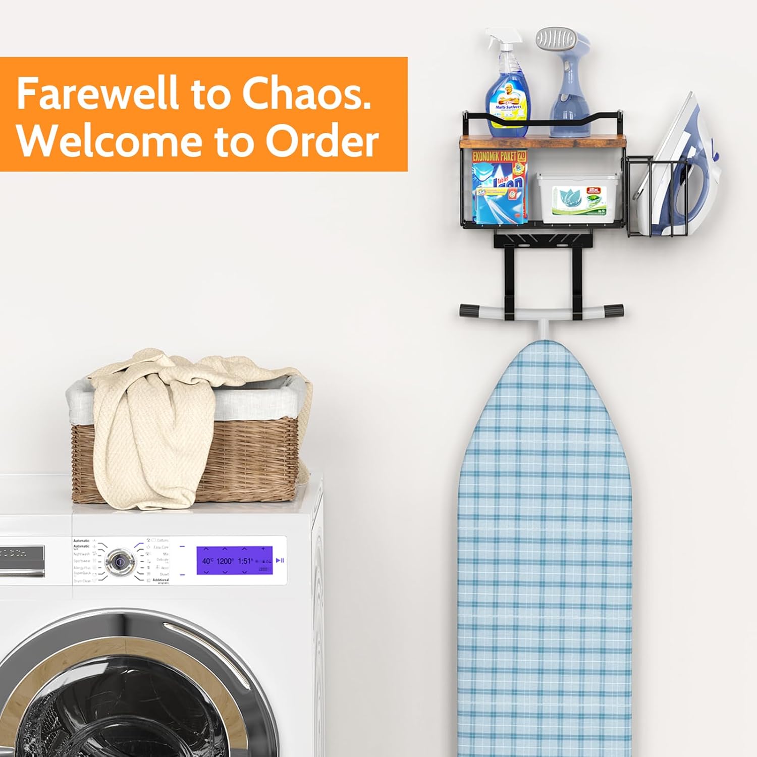 Ironing Board Hanger Wall Mount, 2-Layer T&Y Iron Board Holder with Ironing Caddy, Metal Ironing Board Holder Storage Organizer, Floating Wood Shelf for Laundry Room Decor Accessories Organization