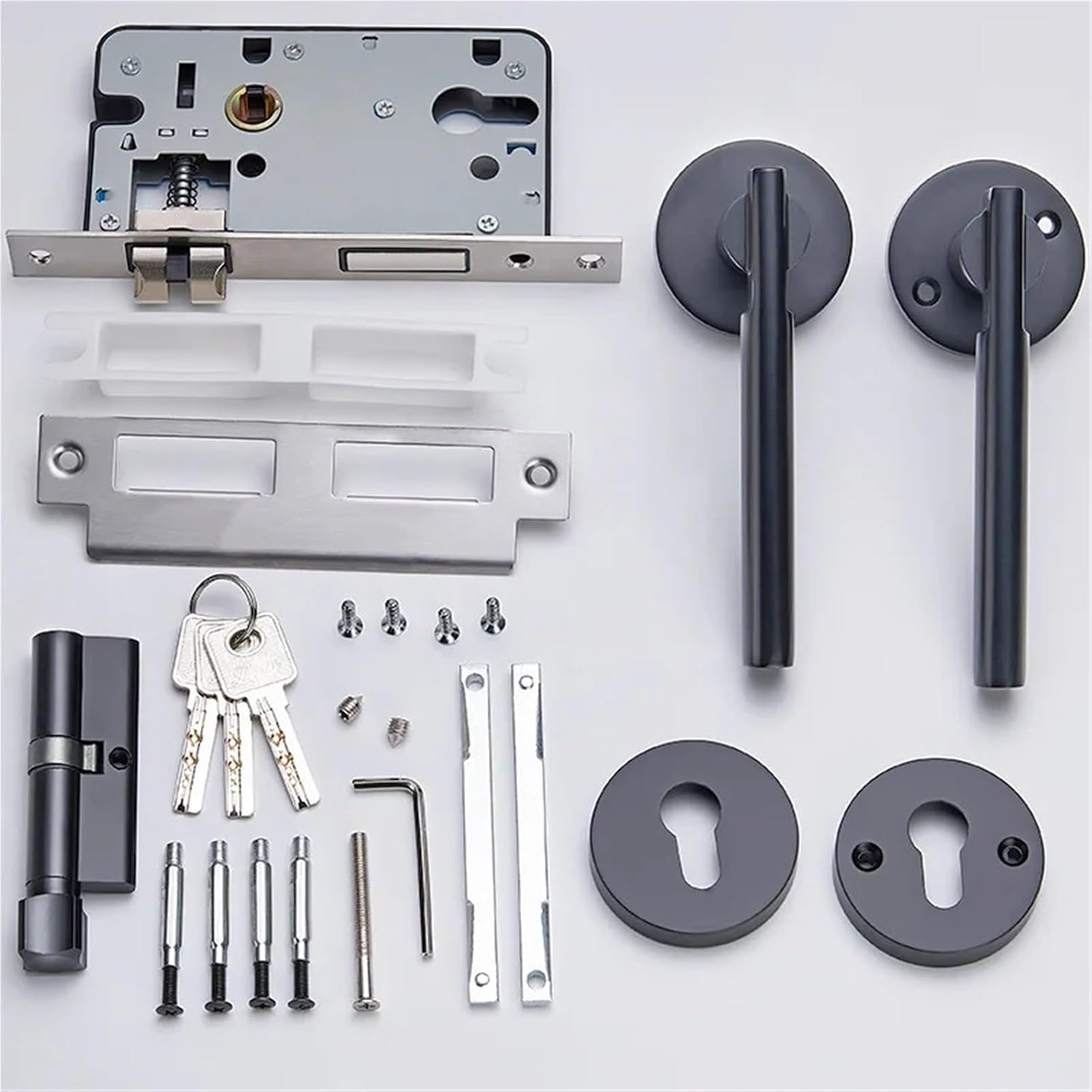 Door Lock Black Split Indoor Handle Solid Double Tongue Body Aluminum Alloy 1Pcs