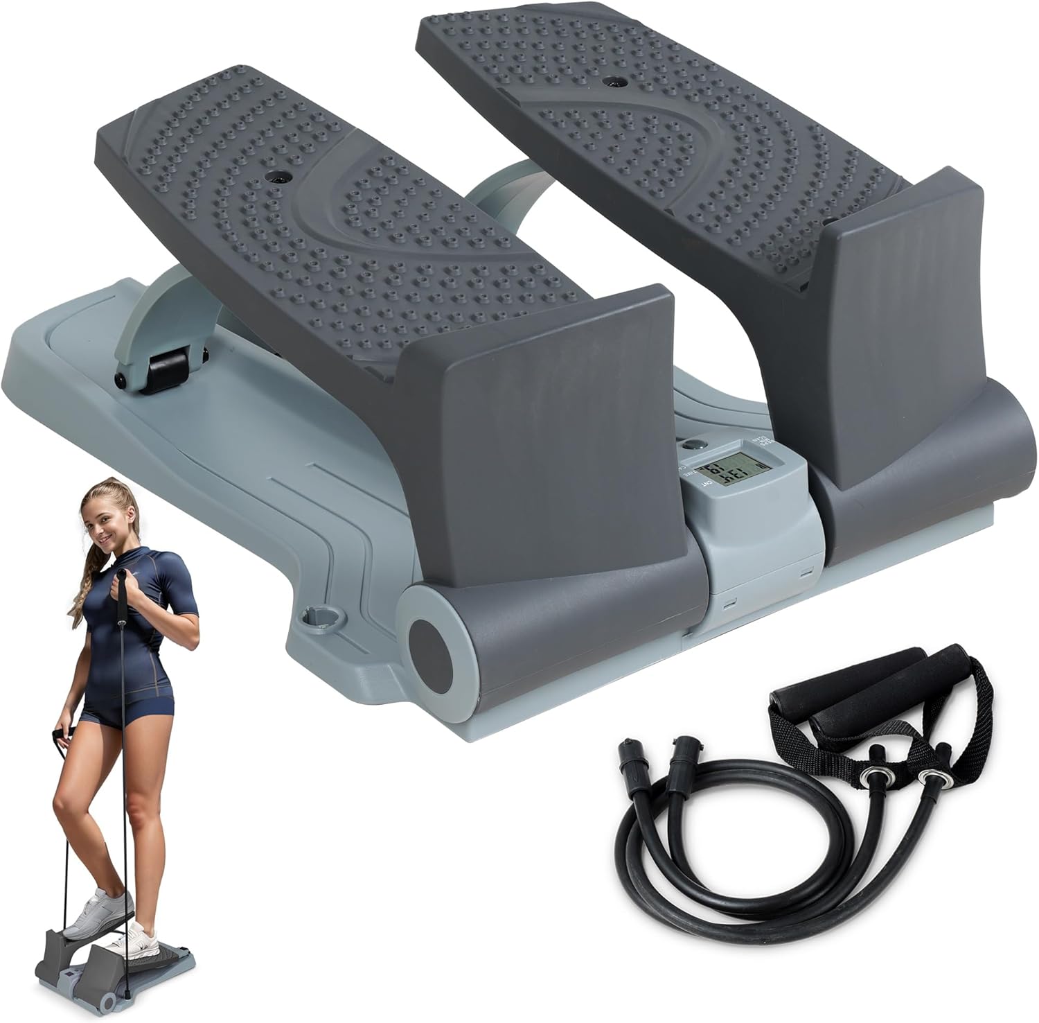 leikefitness Premium Portable Twist Stair Stepper Adjustable Resistance, Twisting Step Fitness Machine with Bands and LCD Monitor