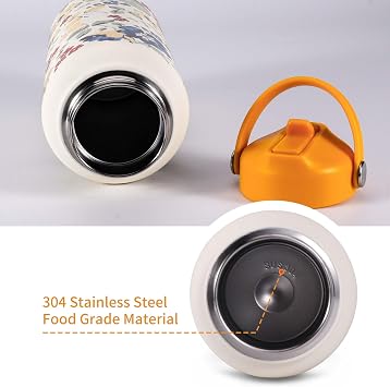 Goetland Flowers Water Bottle 1l Beverage Bottle with Straw Lid Stainless Steel Wide Mouth Vacuum Insulated Cute UV Printing Leak Proof for Women Girls Kids Bright Yellow