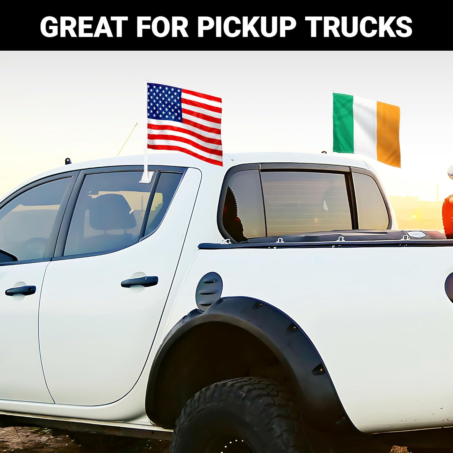 G128 Combo Pack: American USA Car Flag & Ireland Irish Car Flag 11x17 In | Both Double Sided Printed 150D Polyester | Flagpole Included | Perfect for Festival Celebrations, Parades