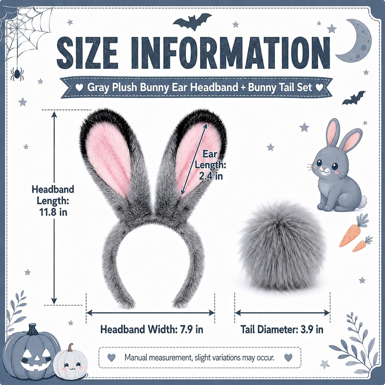 Grey Bunny Ears and Tail Set, Plush Bunny Ears Headband Halloween Accessories for Woman, Cute Rabbit Costume Set for Adults, Cosplay Animal Ears for Halloween Party (Grey Bunny)