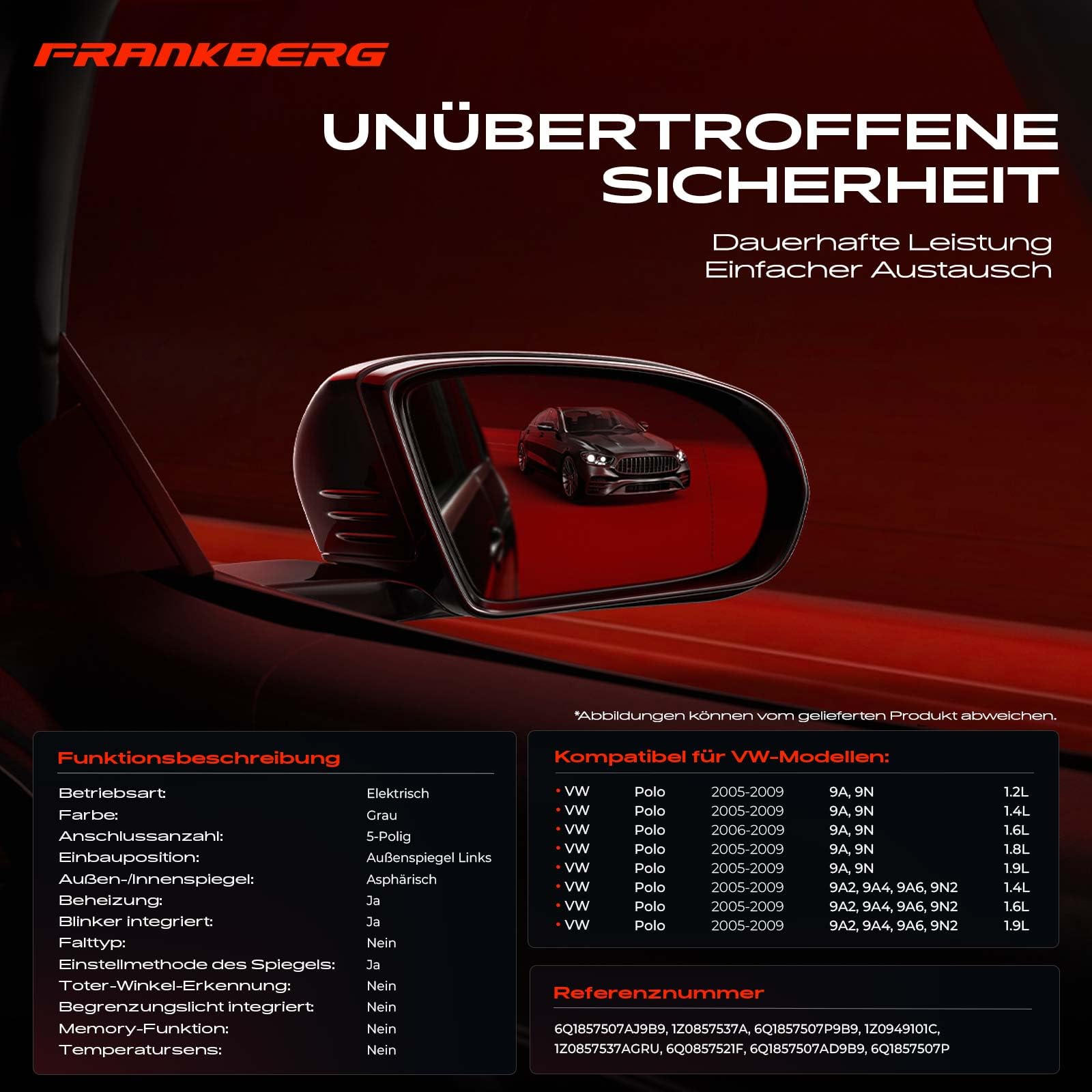 Frankberg Elektrisch Aussenspiegel Außenspiegel Links 5-Polig &-Beheizbar &-mit Blinklicht Kompatibel mit Polo 9A 9N 2005-2009 1Z0857537AGRU
