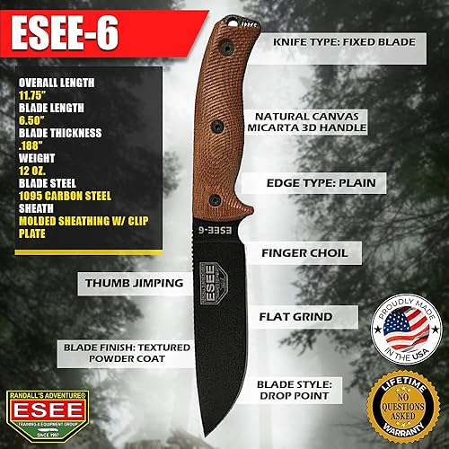 Miniatura 6 de ESEE-6 - Cuchillo de hoja fija, mango contorneado 3D, acero al carbono 1095, funda de polímero ambidiestro, fabricado en Estados Unidos, talla única