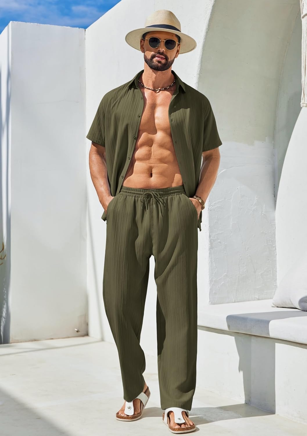 COOFANDY Mens 2 Piece Outfits Casual Summer Beach Textured Button Down Shirt Loose Pants Set image 2