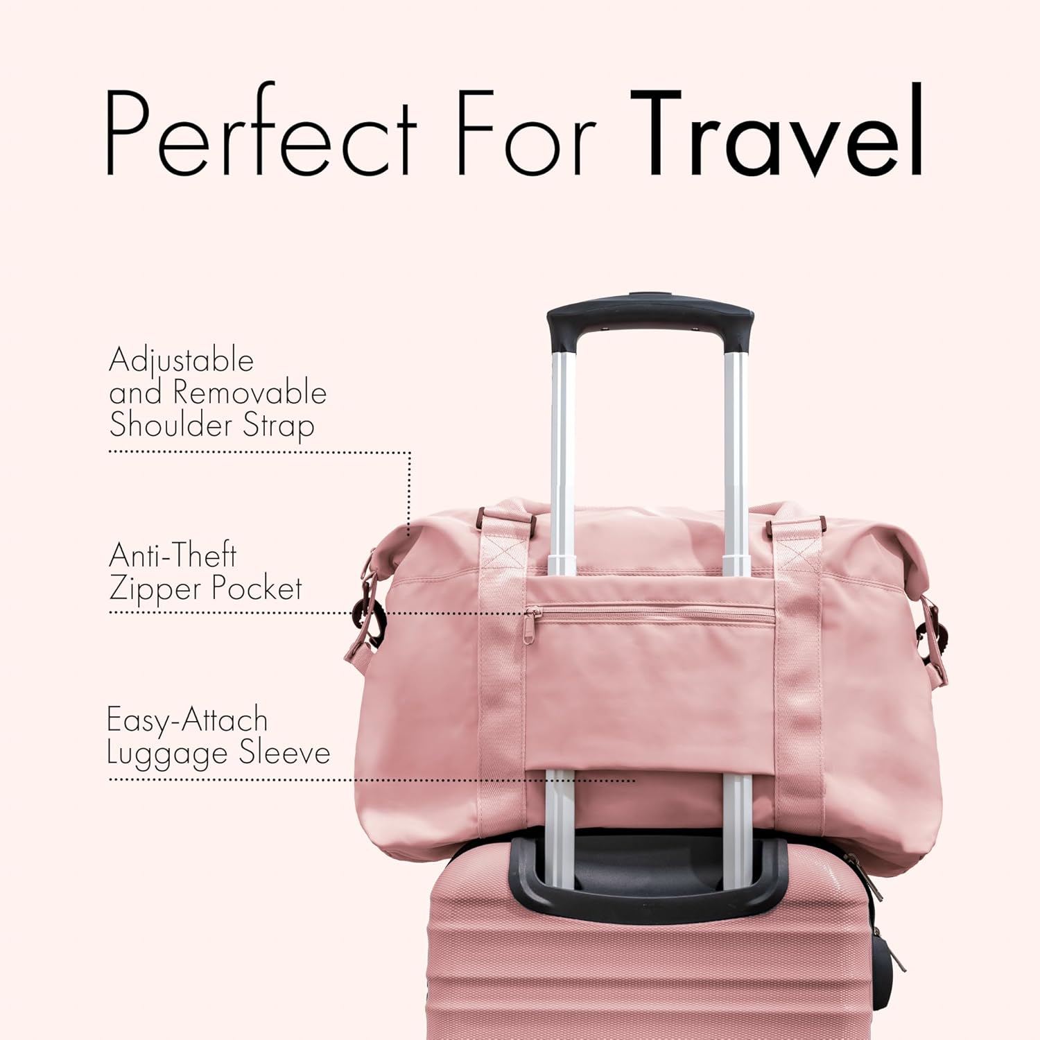 (Not Made In China) Travel Duffel Bag For Women, Carry On Bags, Overnight Weekender Duffle, Airplane Approved Underseat Tote With Shoulder Strap, Luggage Trolley Sleeve, Pink, 22in, 30L - Image 3