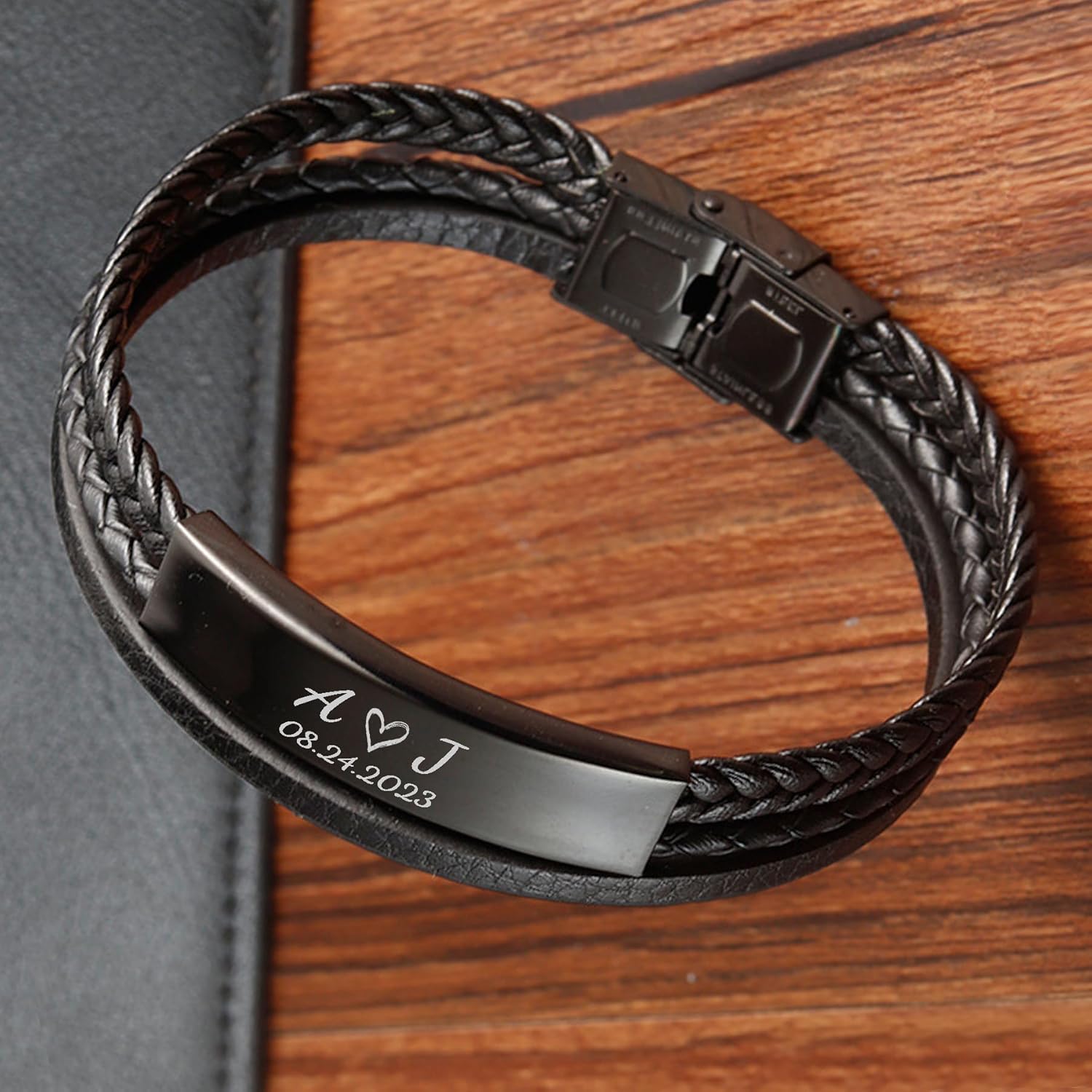 Qina C. Personalized Mens Leather Bracelet Custom Text Engraved Stainless Steel Wristband Gift f/Boyfriend Husband Dad