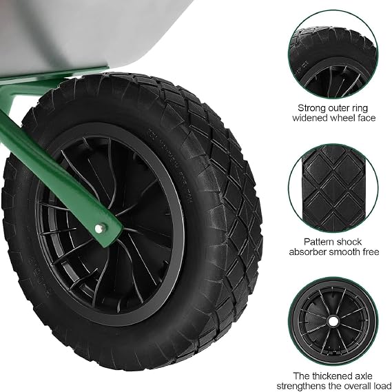 14 Wheelbarrow Wheel Solid PU Puncture Proof Tyre Heavy Duty Steel Rim Replacement Tire for Garden Trolley/Barrow/Go Cart/Trailer Truck (Black)