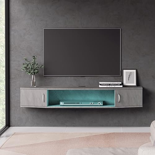 FITUEYES Soporte de TV flotante con 16 luces de color, centro de entretenimiento montado en la pared, consola multimedia de madera con