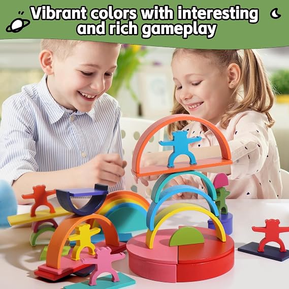 Dinhon 40-Piece Wooden Rainbow Stack Set, 4-in-1 Building Blocks preschoolers Early Development & Activity Toys Montessori Toys for Kids 1 2 3 4 Years and Older Gifts for Boys and Girls
