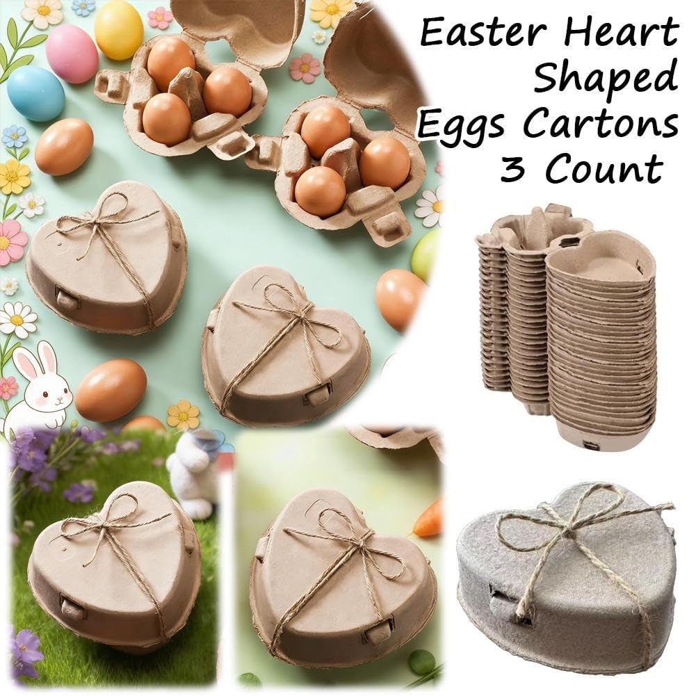 50 cajas de huevos en forma de corazón de Pascua, bandejas de papel de 4.7 pulgadas con cuerda para 3 huevos, cartón reutilizable para almacenamiento de huevos de gallina