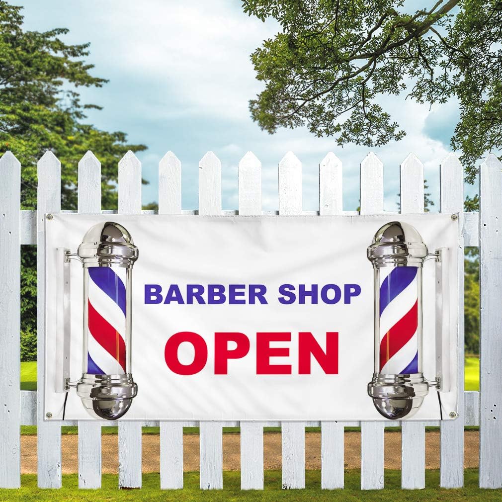 Vinyl Banner Multiple Sizes Barber Shop Open D Advertising Printing Business Outdoor Weatherproof Industrial Yard Signs 4 Grommets 24x36Inches