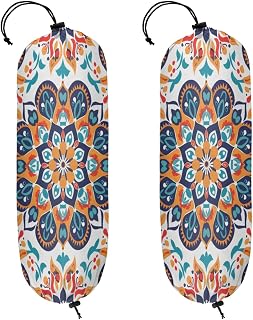 Mandala Floral 2 Pcs Plastic Bag Holder, Washable Shopping Bags Carrier Reusable Grocery Bags Organizer for Home Kitchen Pantry Decor, Vintage Flower