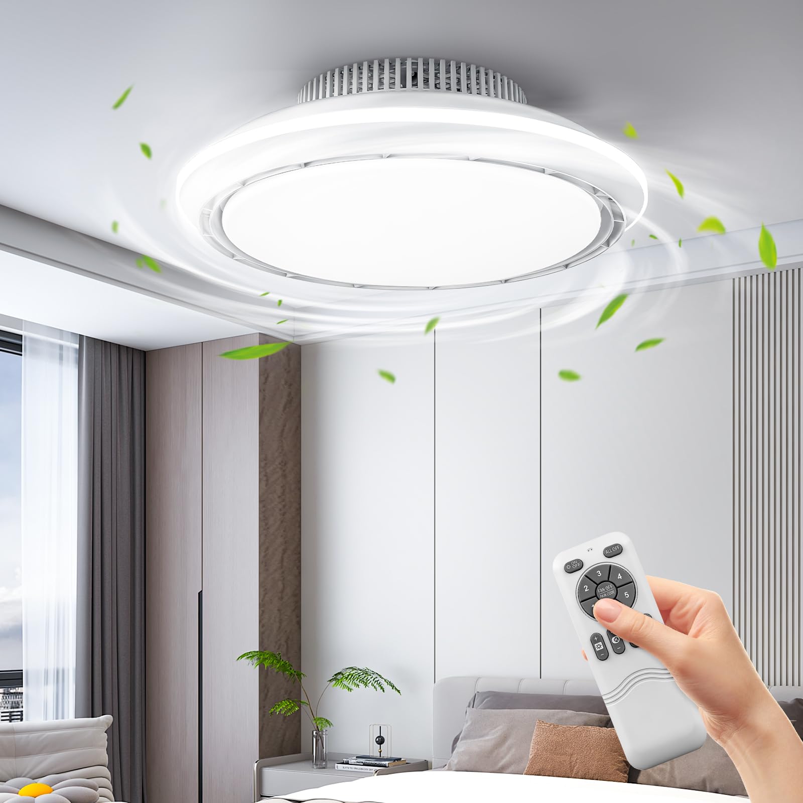 100W Bladeless Ceiling Fan with Lights and Remote Control, 43.5CM Ceiling Fans with Lamps,6-Speed, LED Modern Silent Three color Dimmable Ceiling Fan Lights with Remote control for Children's Bedroom