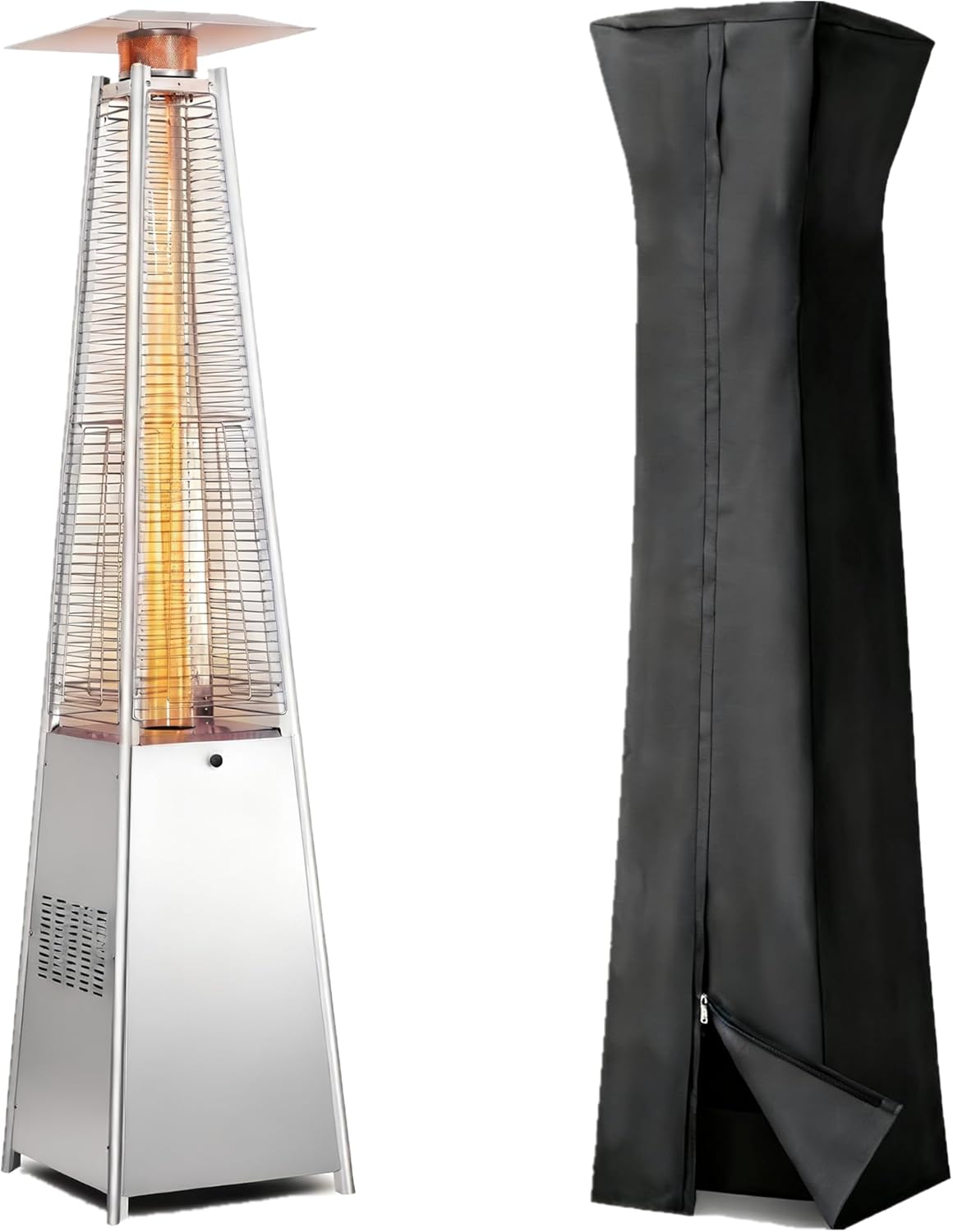 GLANC 48,000 BTU Pyramid Patio Heater with Cover, Wheels & Quartz Glass Tube - Propane Outdoor Heater for Deck, Backyard (Silver)