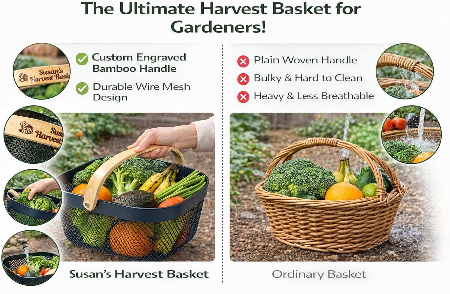 Harvest Basket Plastic Mesh Garden Hod with Personalized Bamboo Handle – Lightweight Vegetable Harvest Basket for Gardening Washing and Carrying Produce