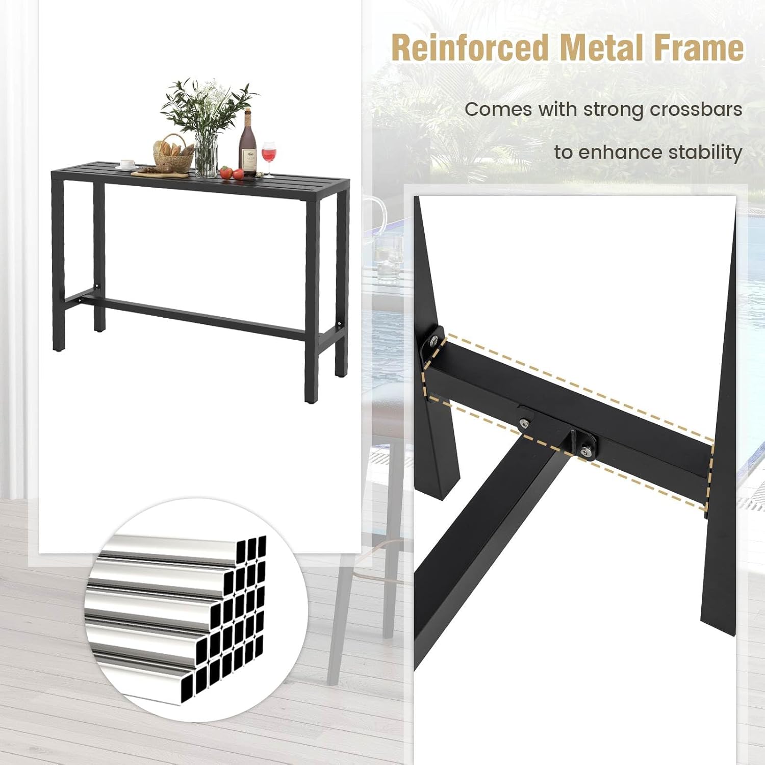 Costway Outdoor Bar Table, 140 cm Rectangle Patio Counter Height Table with Slatted Top & Footrest, High Pub Table with Heavy-Duty Metal Frame for Deck, Yard, Balcony