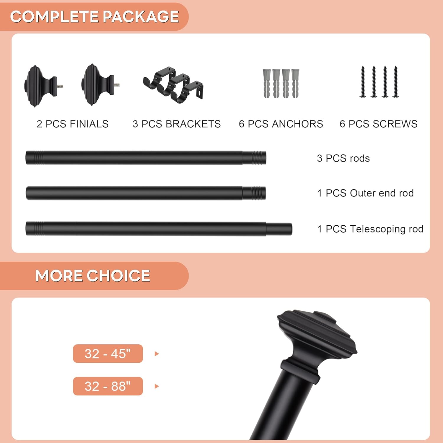 Black Curtain Rod -EUPLAR 1 Inch Telescoping Splicing Curtain Rods for Windows 32 to 88 Inch, Adjustable Drapery Rods for Bedroom, Living Room, Kitchen, Decorative Square Finials