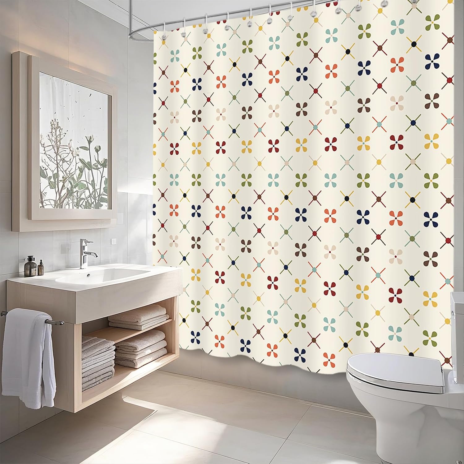 APROPHIC Mid Century Shower Curtains for Bathroom, Vintage Geometric Bathroom Decor, Washable Kitchen Retro Decorations Waterproof Polyester Fabric Shower Curtain Set with Hooks, 72x72 Inch image 5