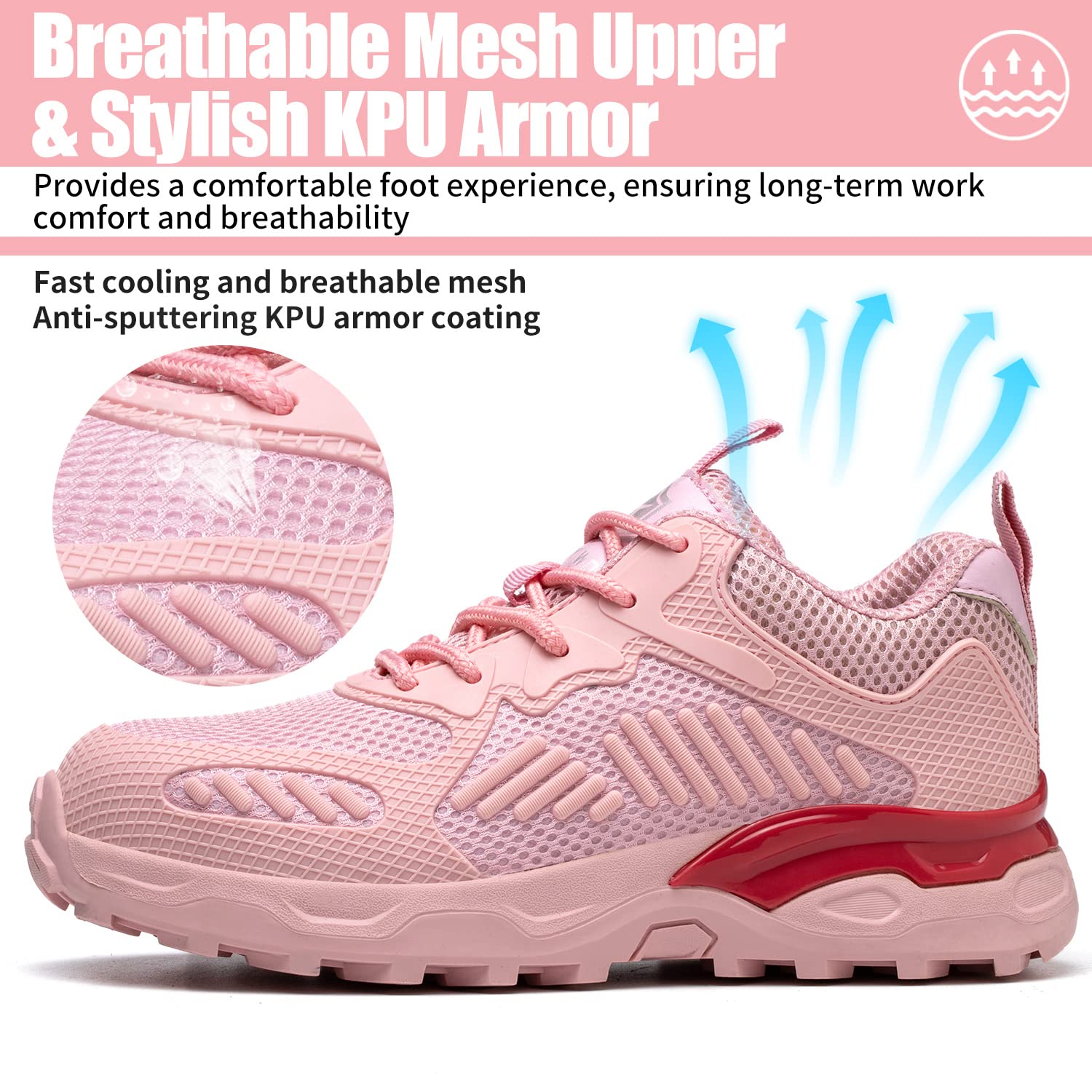 KELODON Steel Toe Shoes for Women-Lightweight Non Slip On Safety Shoes Comfortable Indestructible Construction Shoes Work Sneakers,Pink,Size 7.5