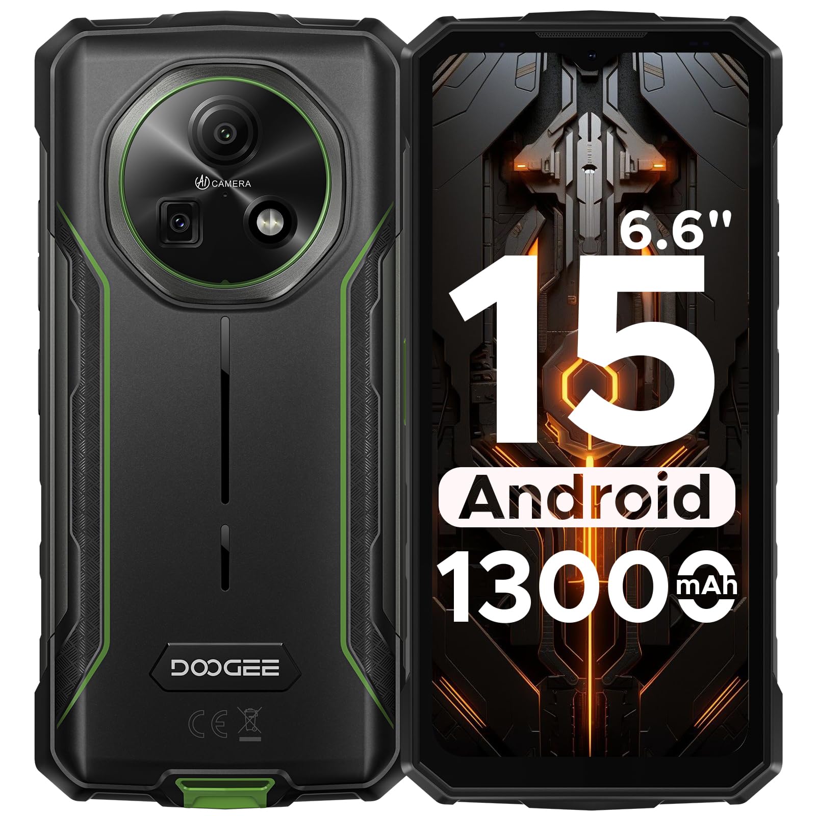 DOOGEE Fire 5 Rugged Smartphone 2025, 13000mAh Android 15 Telefono Indistruttibile, 6.6" 90Hz 12GB+64GB/2TB Octa Core Celluare Antiurto, 13MP+8MP Camera,Face ID/NFC/Triple Card Slot/OTG/GPS/IP68/IP69K