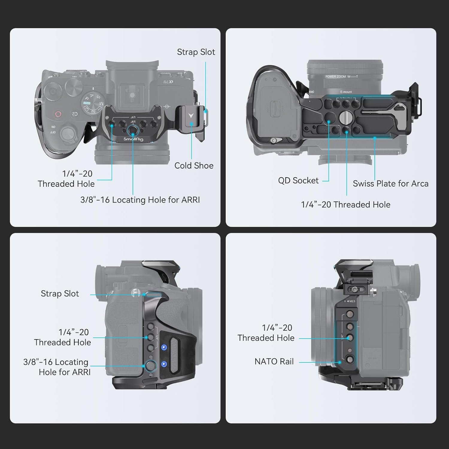 Dettaljati views of various mounting points on the SmallRig Cage Kit 4308, including strap slots, 1/4-20 threaded holes, 3/8-16 ARRI locating holes, cold shoe, QD socket, and NATO rail