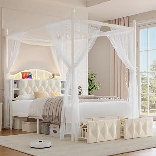 White upholstered full canopy bed with storage
