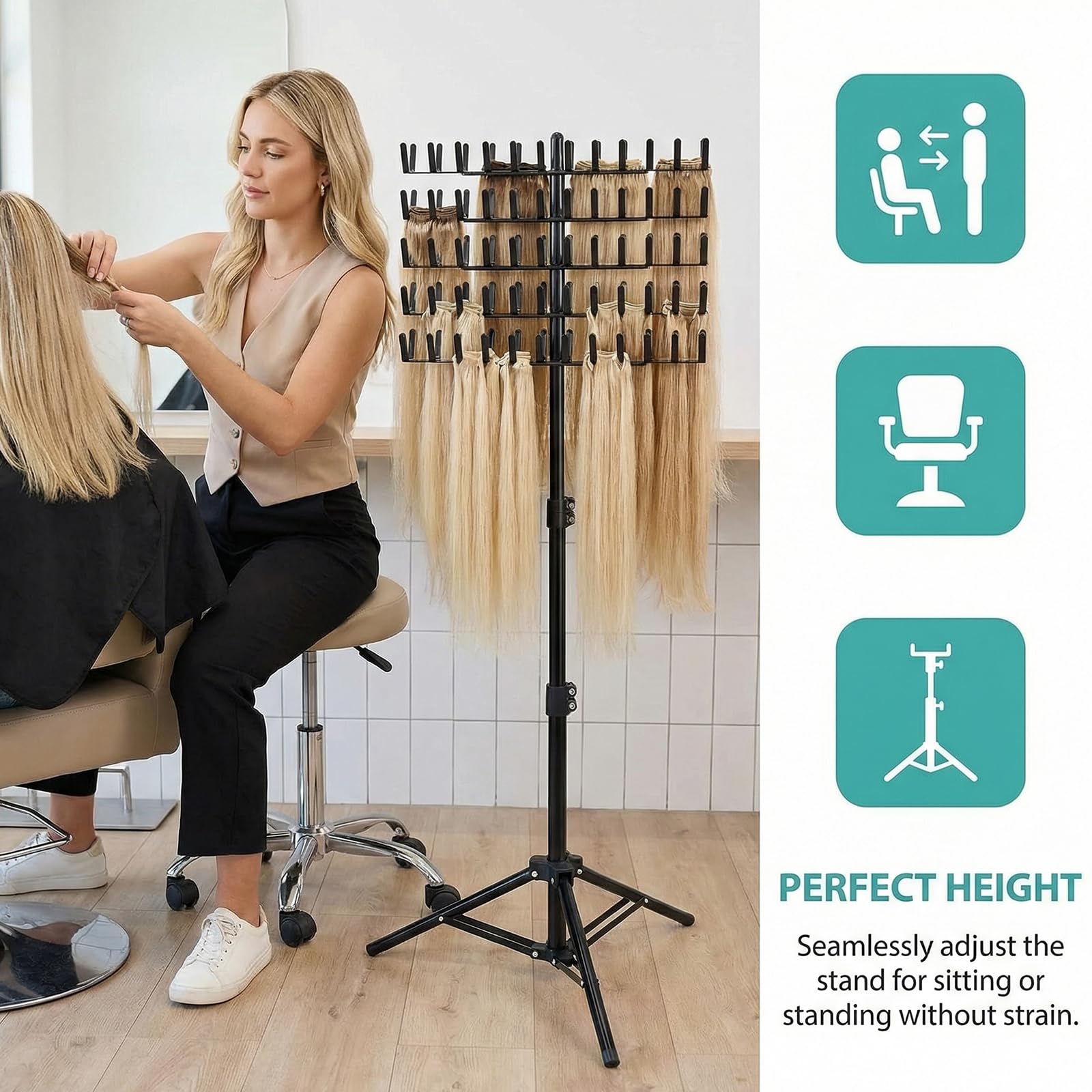 Support de Perruque Réglable avec 144 Crochets, Porte-Extensions de Cheveux pour Tresses et Braids, Support Suspendu à Hauteur Réglable pour Coiffeur et Salon