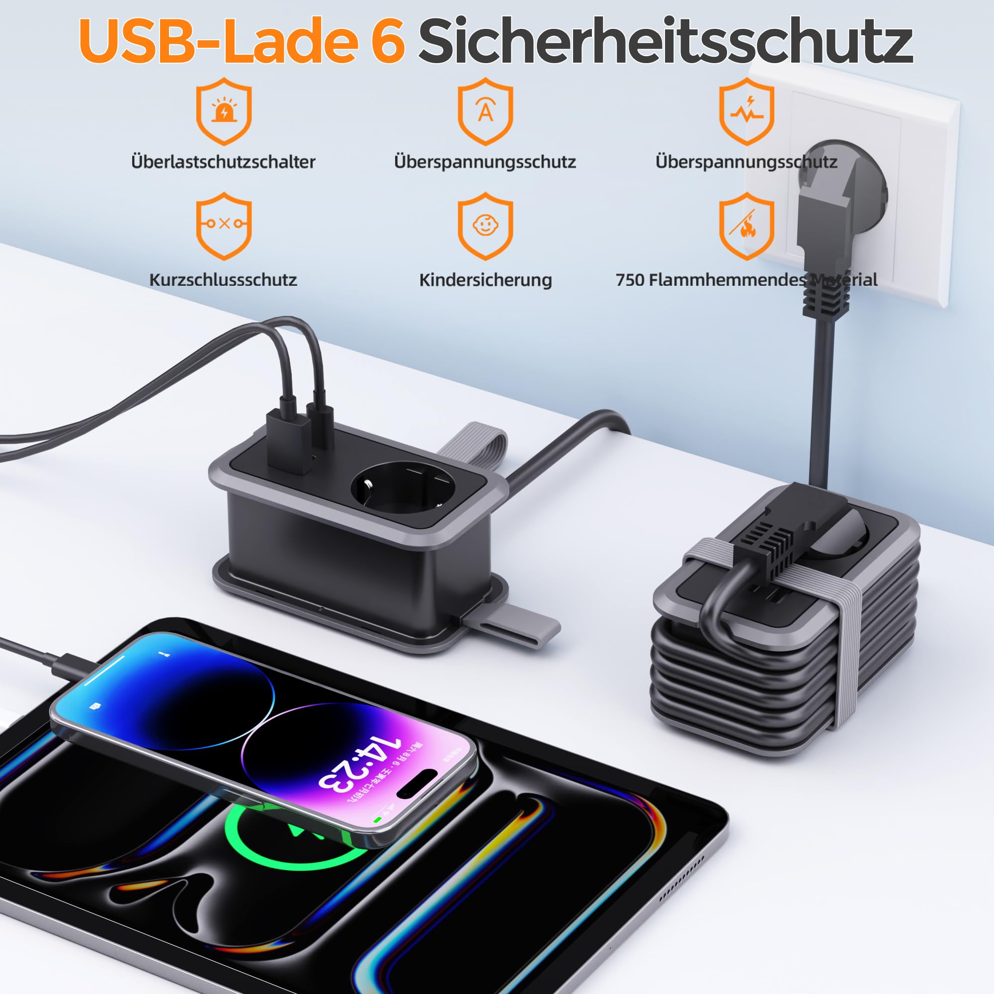 PD20W listwa zasilająca 4 w 1 z wtyczką USB i typu C, 3680 W, 16 A, adapter z wieloma gniazdami i kablem do transmisji danych, do iPada, iPhone'a, tabletów, szara