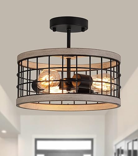 MEIXISUE Lámpara de techo semiempotrada con acabado negro y roble, 3 luces, lámpara de techo de tambor rústico para pasillo, cocina, entrada,