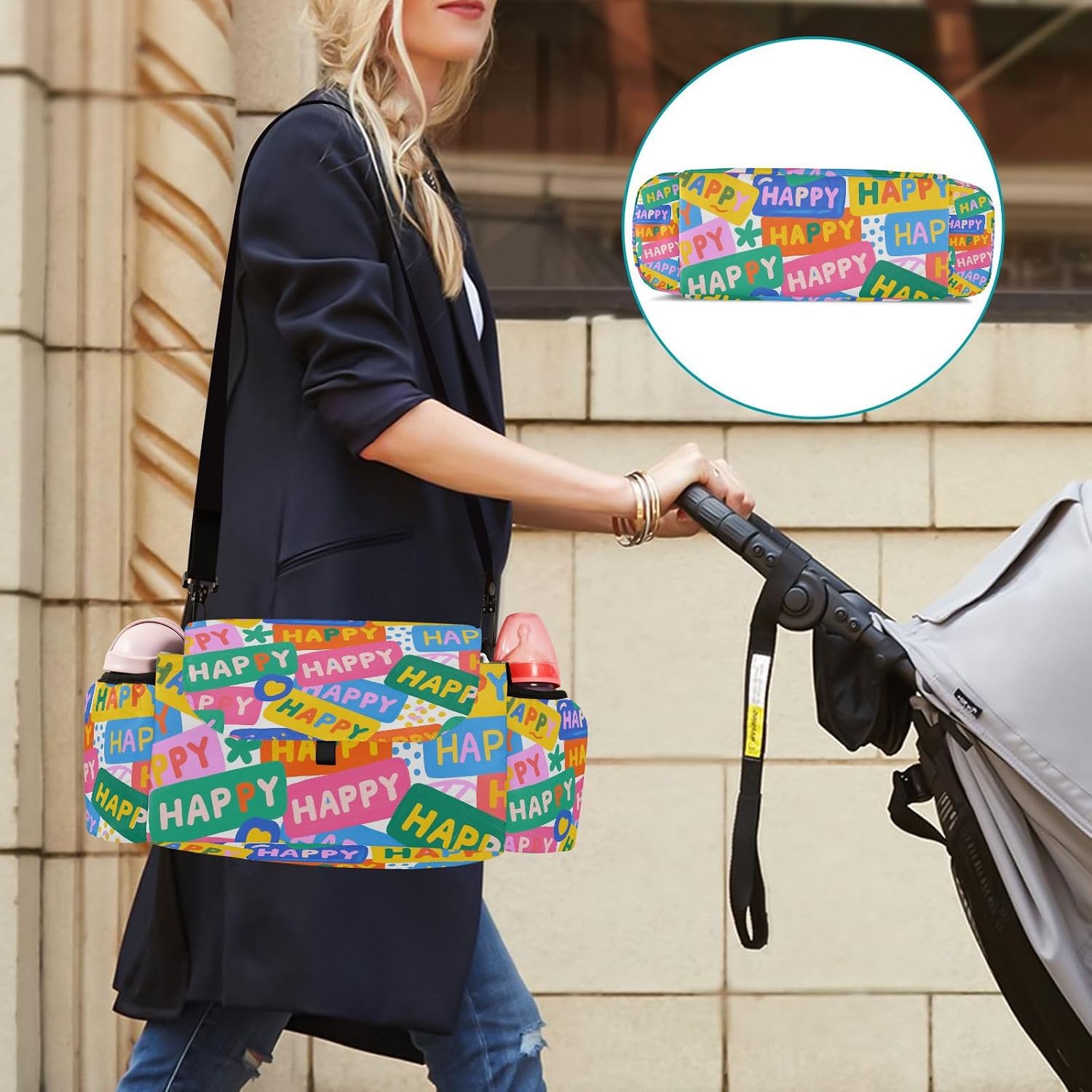 Colorful Cartoon Happy Modern stroller organizer diaper bag large storage caddy parent console acesorios para baby acesorios para baby