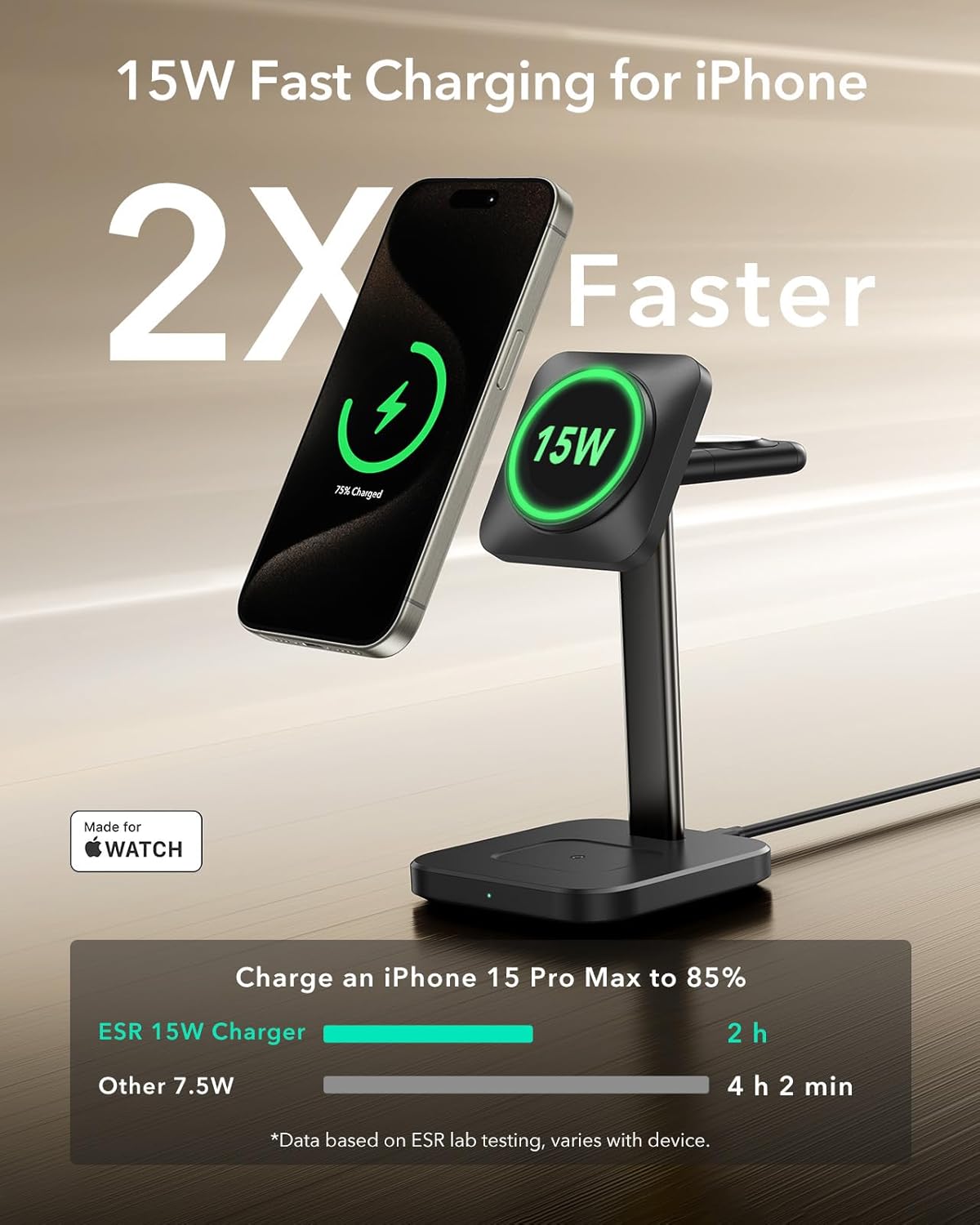 ESR for 3 in 1 Wireless Charging Station, Certified Apple Watch Charger, 15W MagSafe Charger Stand for iPhone, Wireless Charger for Multiple Devices iPhone 17/16/15/14/13, Watch, AirPods, Black - Image 3
