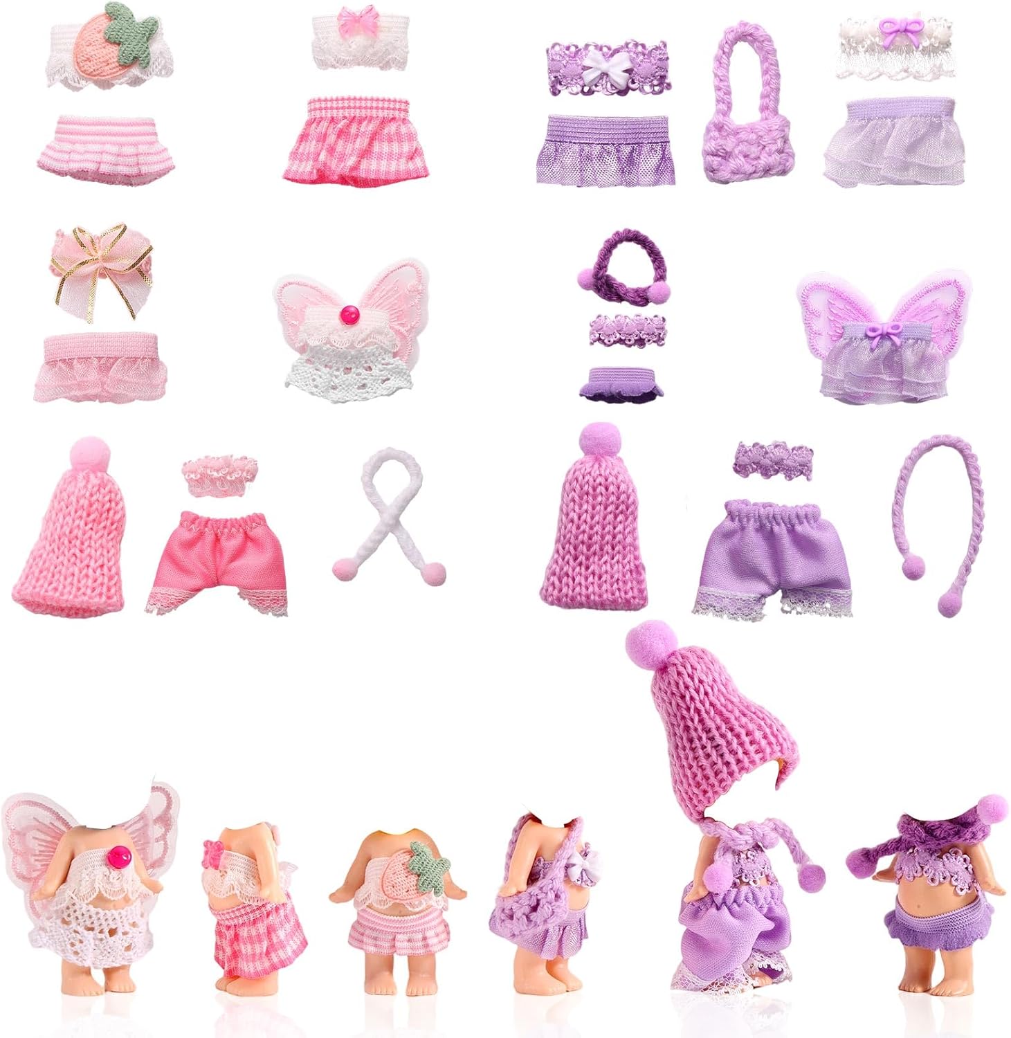 10 Sets 3in/7.5-8cm Doll Clothes Outfits, Including Tiny Tops Skirts Pants Hats Scarfs Wings Small Doll Fashion Accessories Mini Baby Costume for Display & Decoration (Pink, Purple)