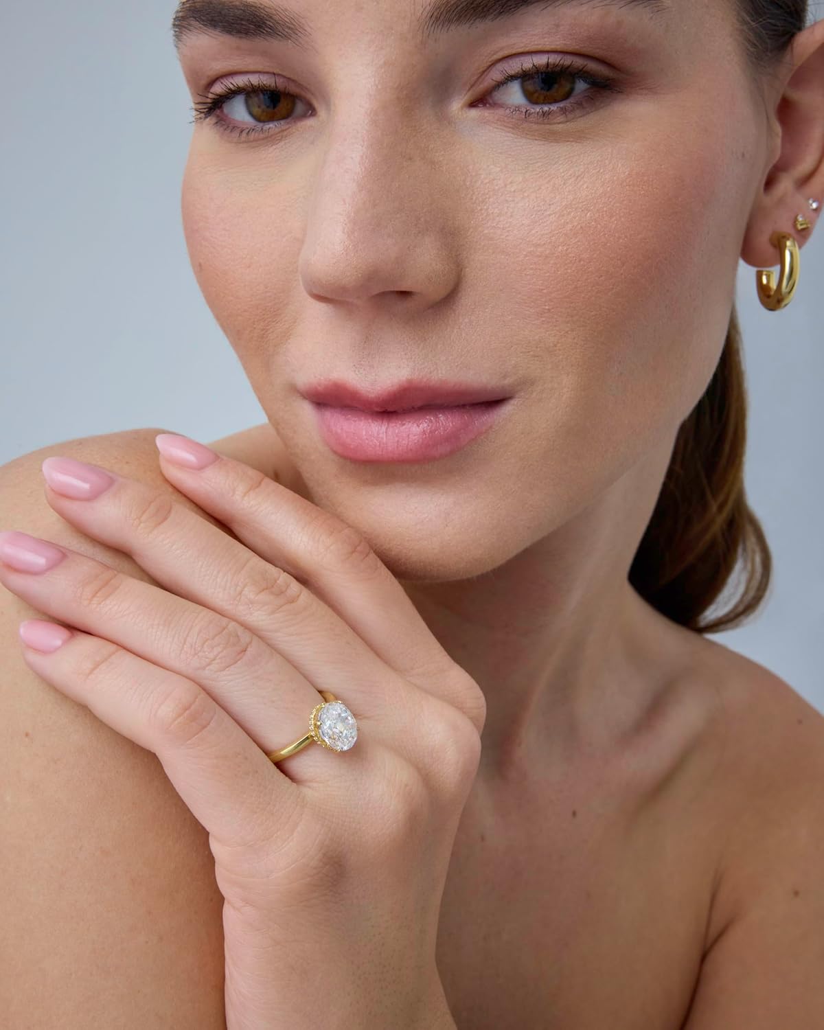 PAVOI 14K Gold Plated Oval Engagement Ring for Women - Hidden Halo 2.5CT Cubic Zirconia Promise Ring - Wedding Band - Image 4