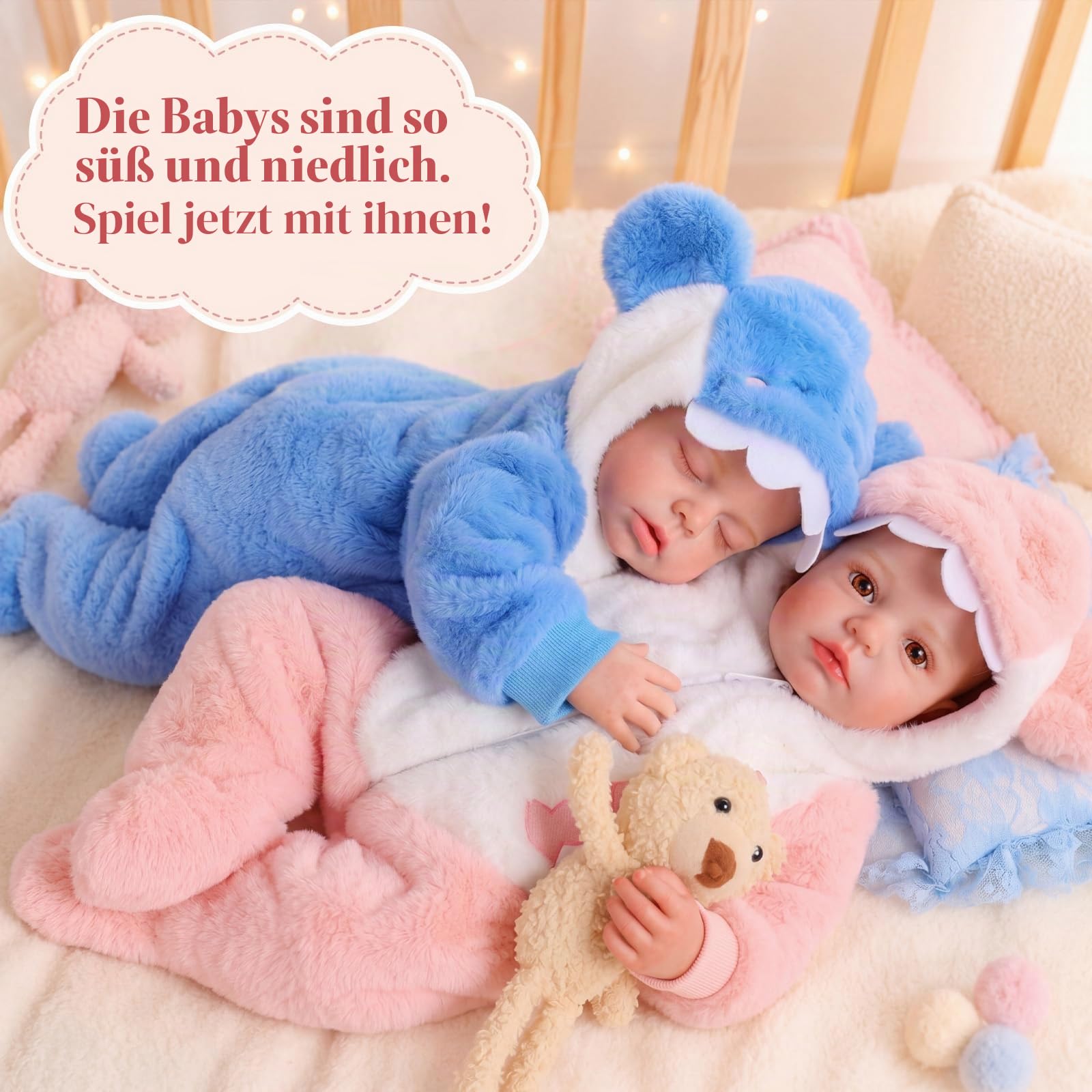 BABESIDE Puppe Reborn Baby Mädchen Zwillinge, 20 inch Vinyle Baby Doll Puppen with Stoffkörper, Baby Puppe ab 3+ Jahre mit Bausatz, Lebensechte Babypuppen wie Echt, Realistische Puppe Weichkörper