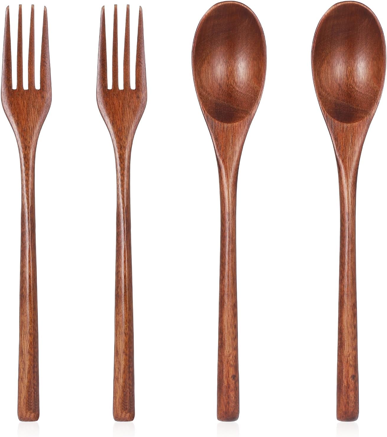 4 PCS Wooden Forks and Spoons for Eating, Wooden Utensil Set for Eating, Reusable Kitchen Wood Cutlery Wood Flatware Tableware Set for Stirring Cooking