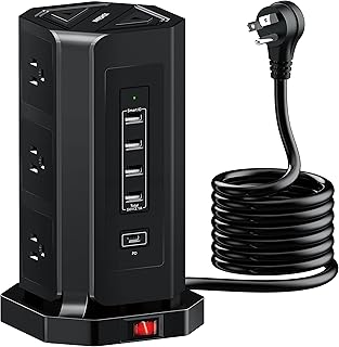 NVEESHOX Power Strip Tower with USB Ports Surge Protector,Power Strip with 9 AC Outlet and 5 USB Ports (1 USB C), 10 FT Extension Cord, Widely Spaced Multi Outlets with Overload Protection for Home