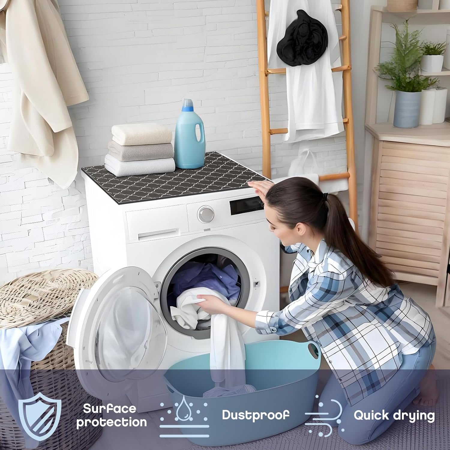 Teenyyou 2 Pcs 26" x 18" Dryer Top Protector Mat, Washer and Dryer Topper, Non Slip Waterproof Machine Cover Dust Proof Quick Drying Topper Pad for Laundry and Kitchen (Stylish)