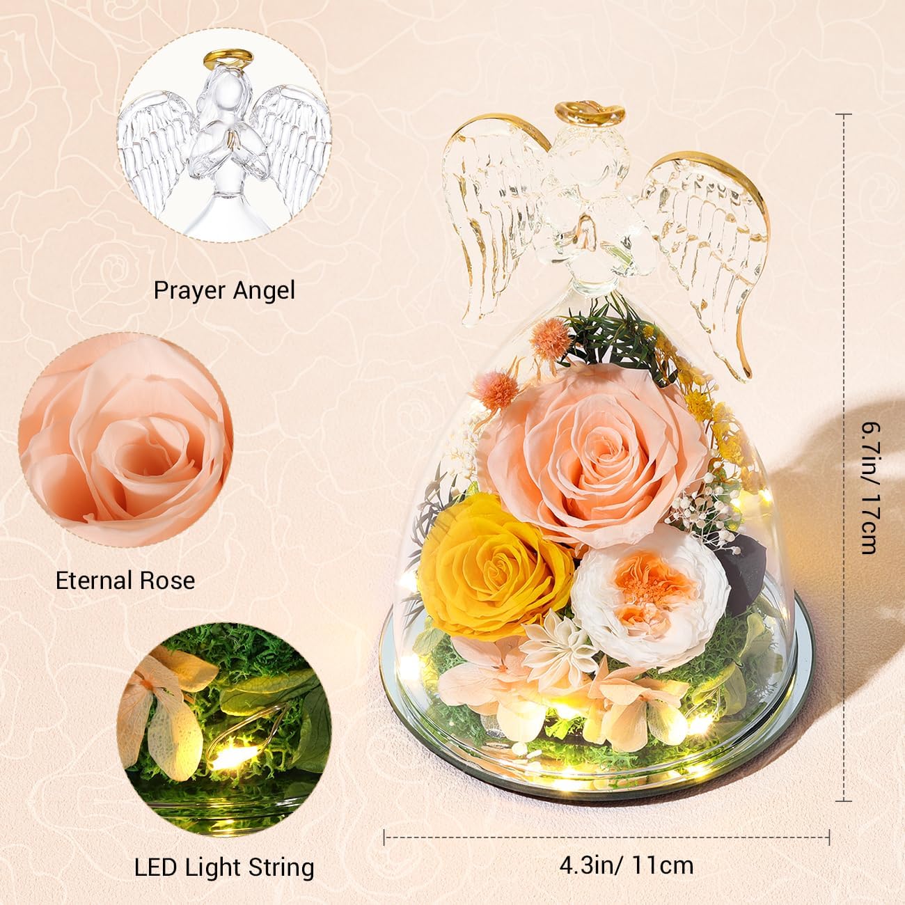 Emibele Mother's Day Angel Rose Gifts for Mom Grandma, Preserved Real Rose in Glass Angel Figurines, Eternal Flower Rose Gifts for Women on Birthday Valentines Anniversary Thanksgiving, Champagne