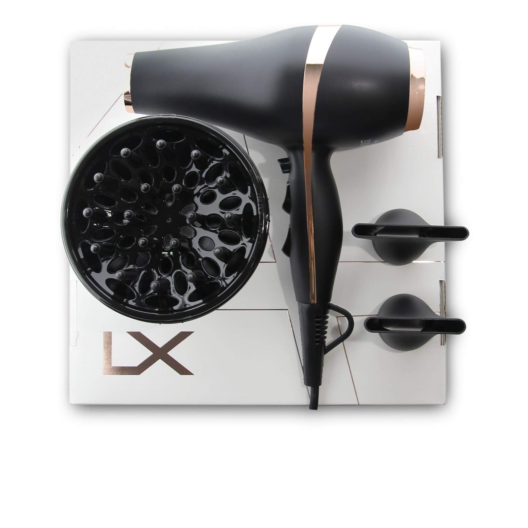 Secador de cabello LIM HAIR LX. LUXURY, NanoSILVER, 2200 W, PROFESIONAL, vida Extra larga,ligero. 2 boquillas y difusor (NEGRO)