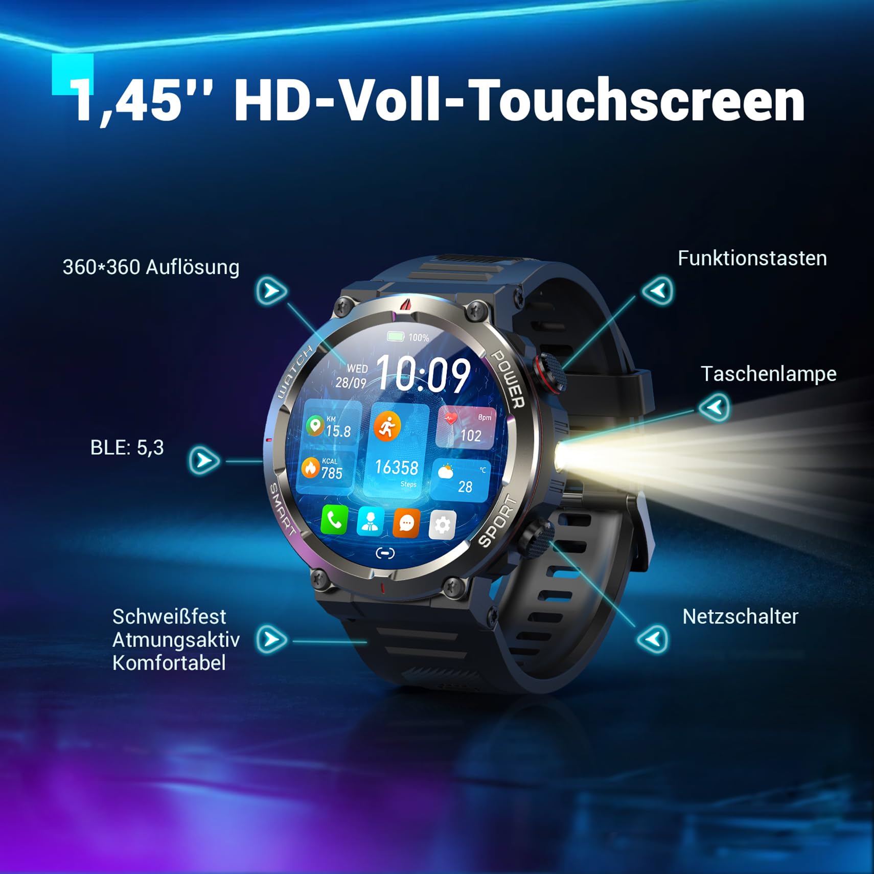 Blackview Herren Smartwatch IP68 Wasserdicht 100 Tage Akku 1,45'' Touchscreen Bluetooth-Anruf Herzfrequenz Schlafanalyse Sportuhr 100+ Sportmodi