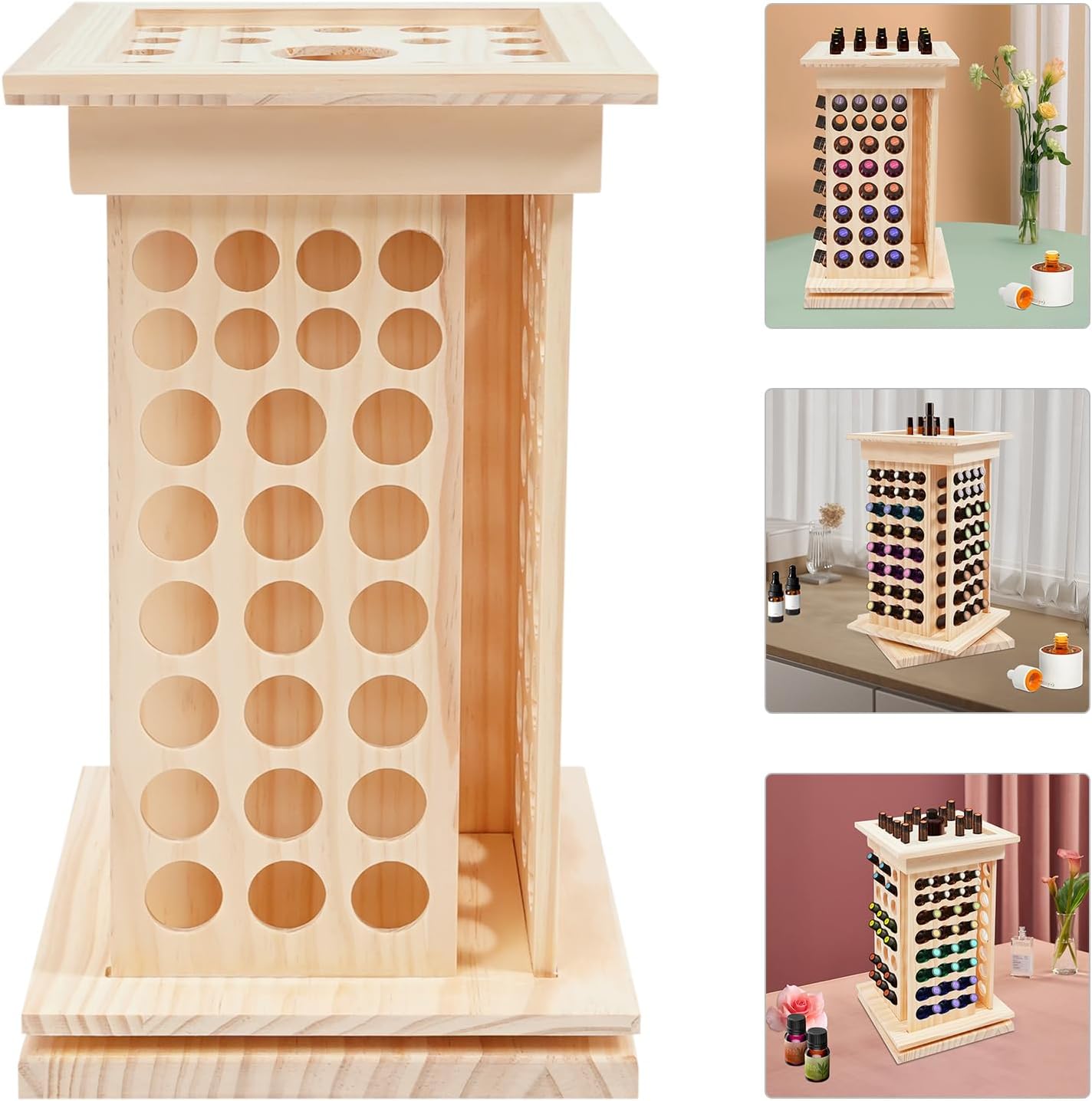 125 Slots Essential Oil Storage Shelf Wood Rotating Essential Oil Bottle Display Rack Wooden Farmhouse Style Essential Oil Stand Holder with Base for Aromatherapy Bottles Organization, Wood Color