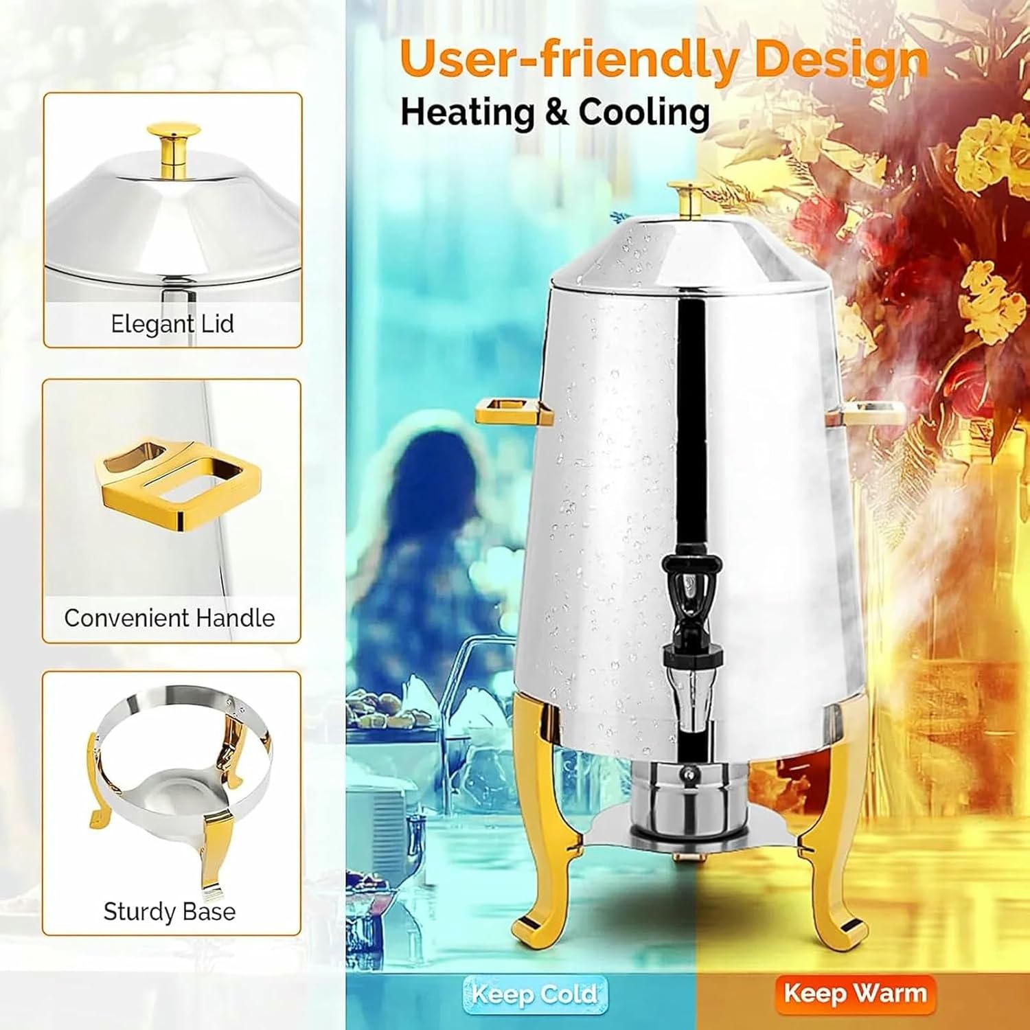 Stainless Steel Coffee Chafer Urn 13L Beverage Dispenser with Fuel Holder & Chrome Accents Hot & Cold Drinks for Party Catering Event